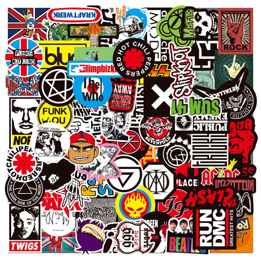 A vibrant collage of colorful punk and rock-themed stickers featuring logos from The Who, Metallica, and Run DMC
