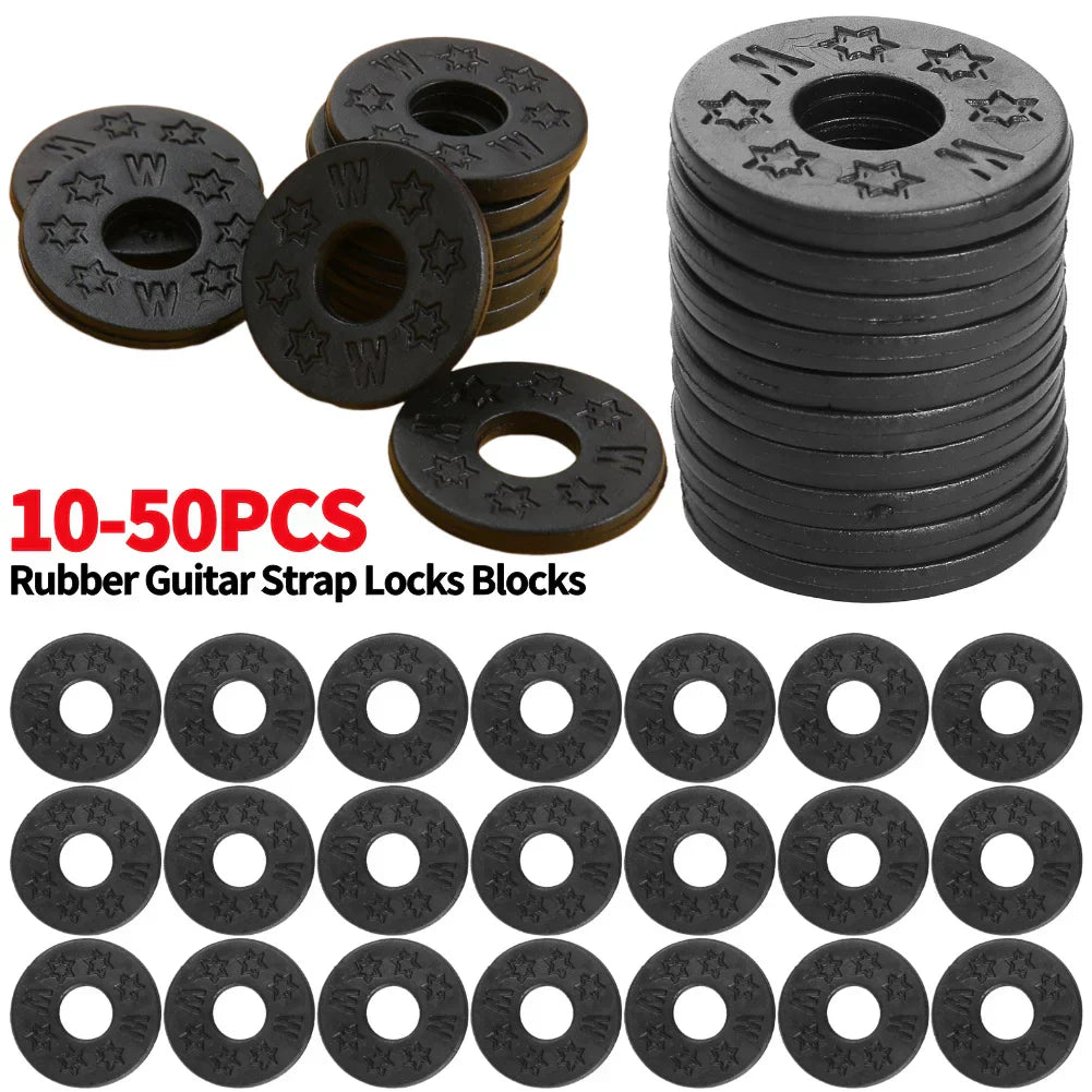 Black rubber guitar strap locks blocks with star and letter embossing for acoustic electric guitar and electric guitar bass