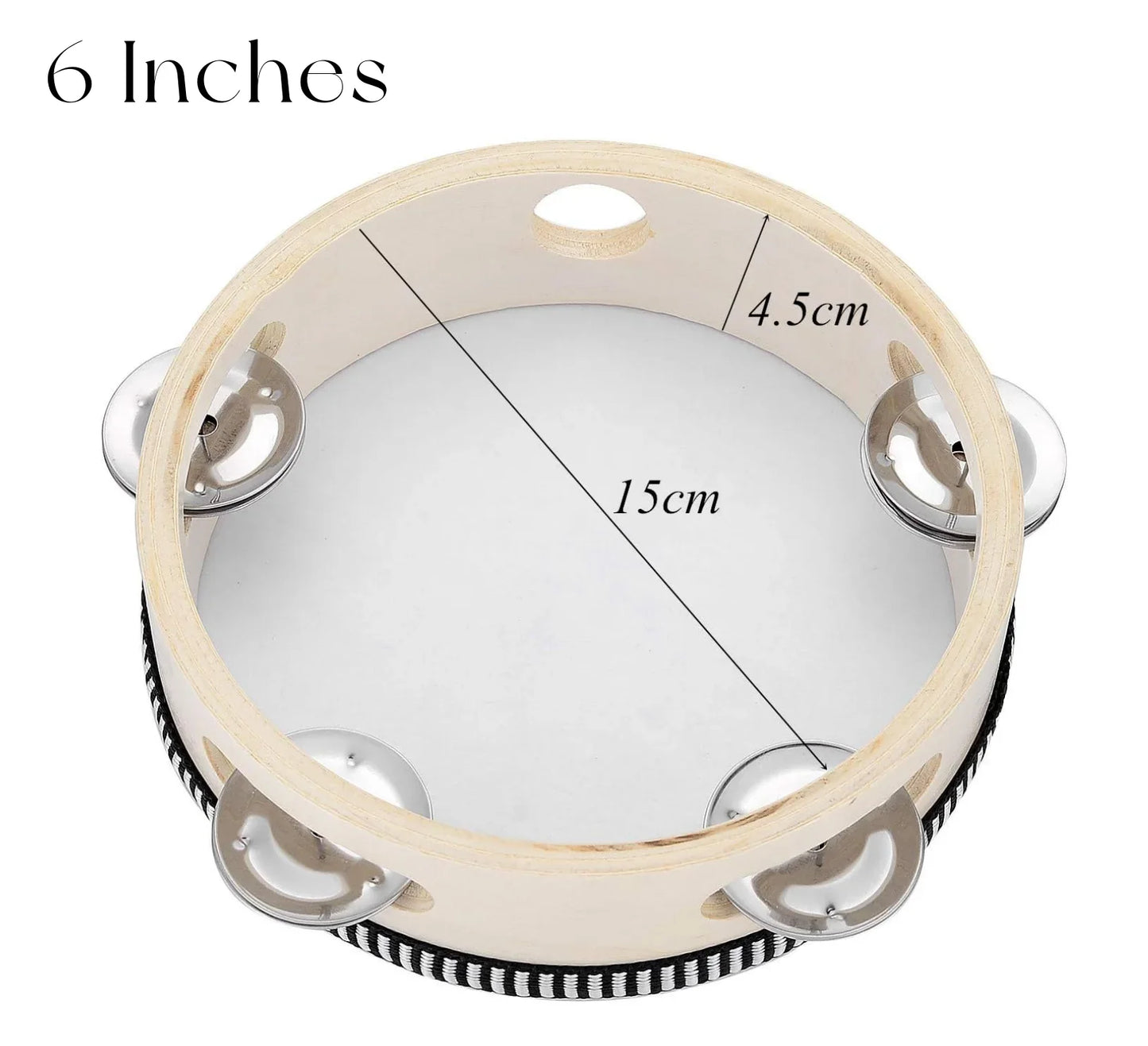 A 6-inch wooden wedding tambourine with silver jingles and black-and-white striped trim for adults hand drums