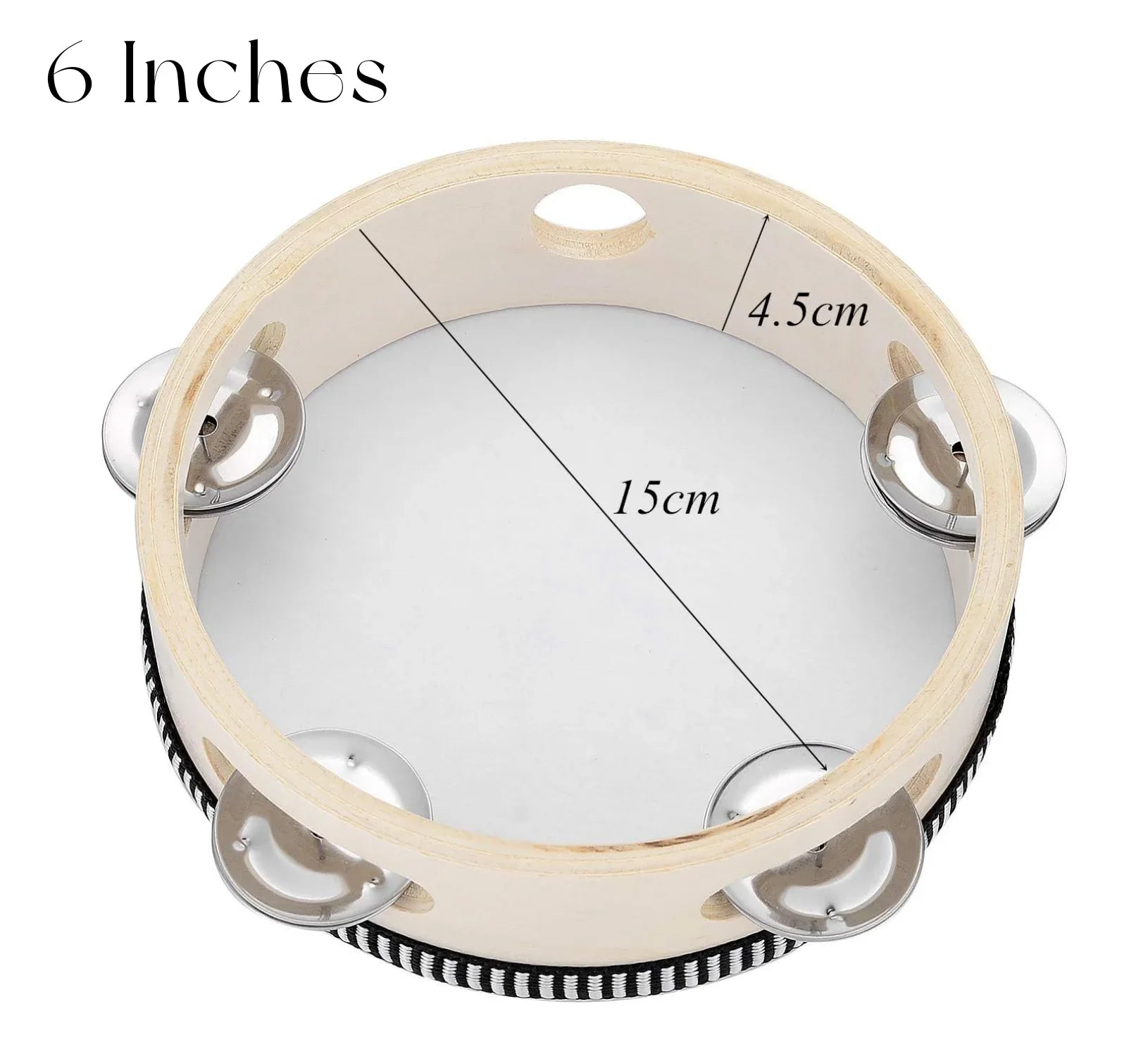 A 6-inch wooden wedding tambourine with silver jingles and black-and-white striped trim for adults hand drums