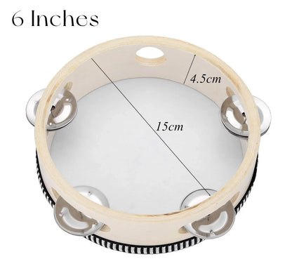 A 6-inch wooden wedding tambourine with silver jingles and black-and-white striped trim for adults hand drums