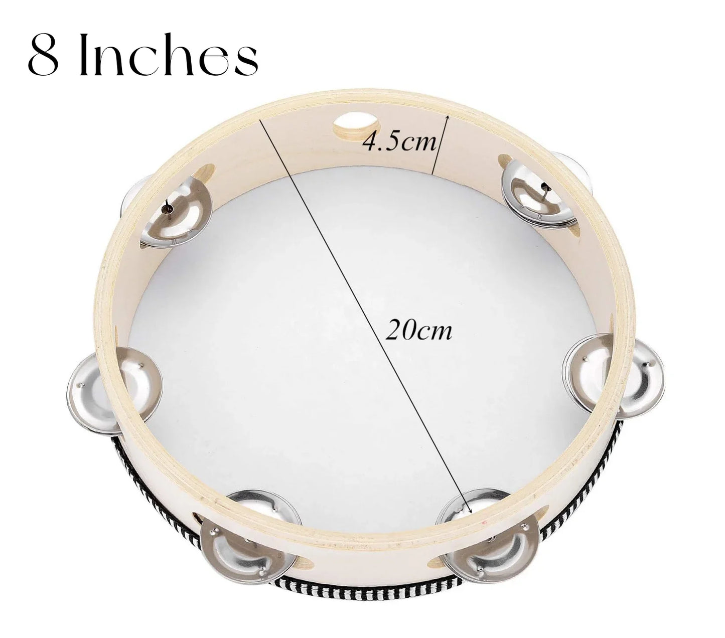 Beige wooden wedding tambourine with eight silver jingles and striped edge for adults hand drums musical instruments tambourine