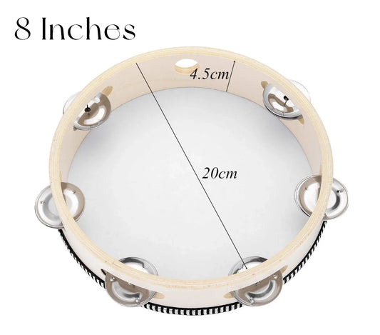 Beige wooden wedding tambourine with eight silver jingles and striped edge for adults hand drums musical instruments tambourine