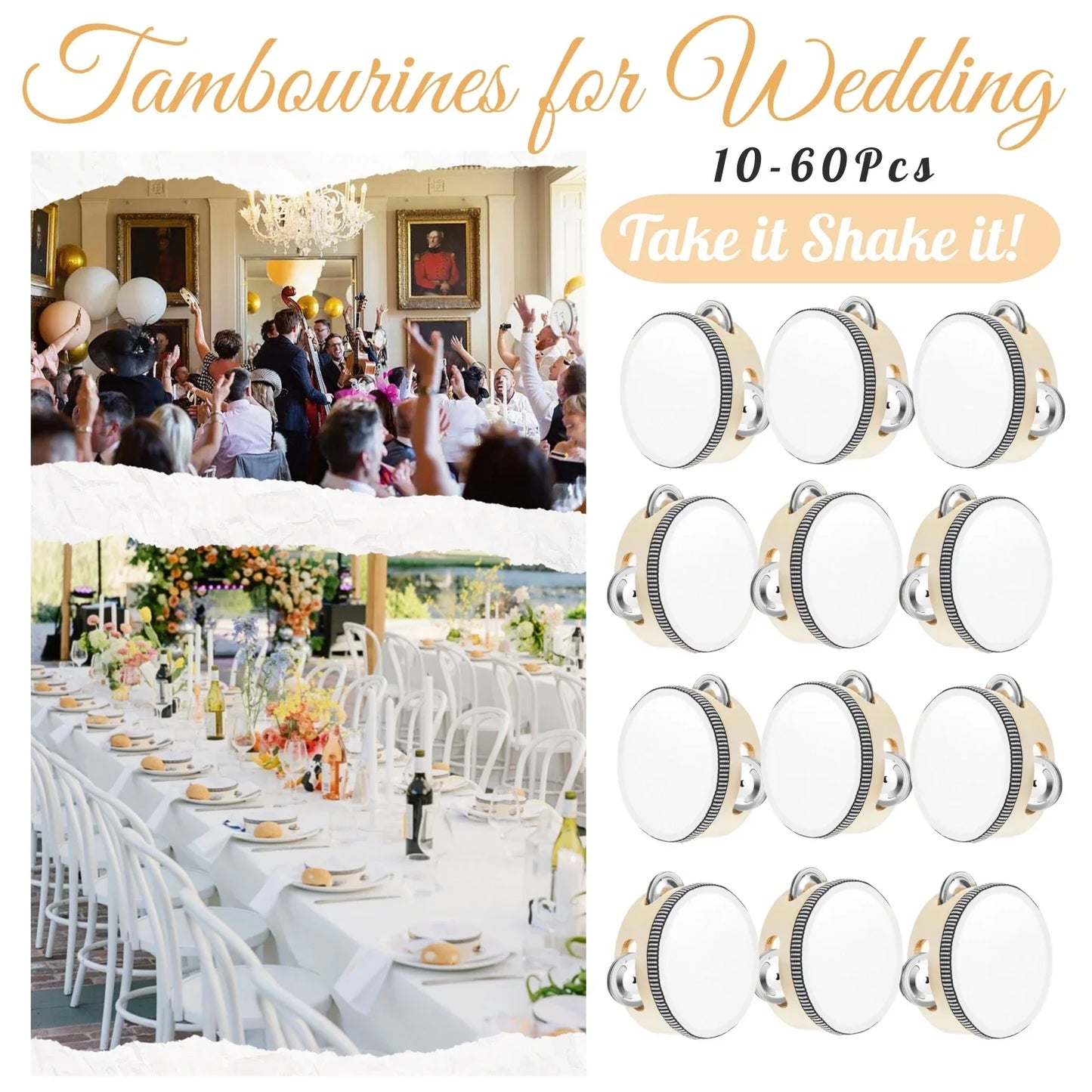 Beige wedding tambourines with white drumheads and silver jingles arranged in a grid for adults hand drums use