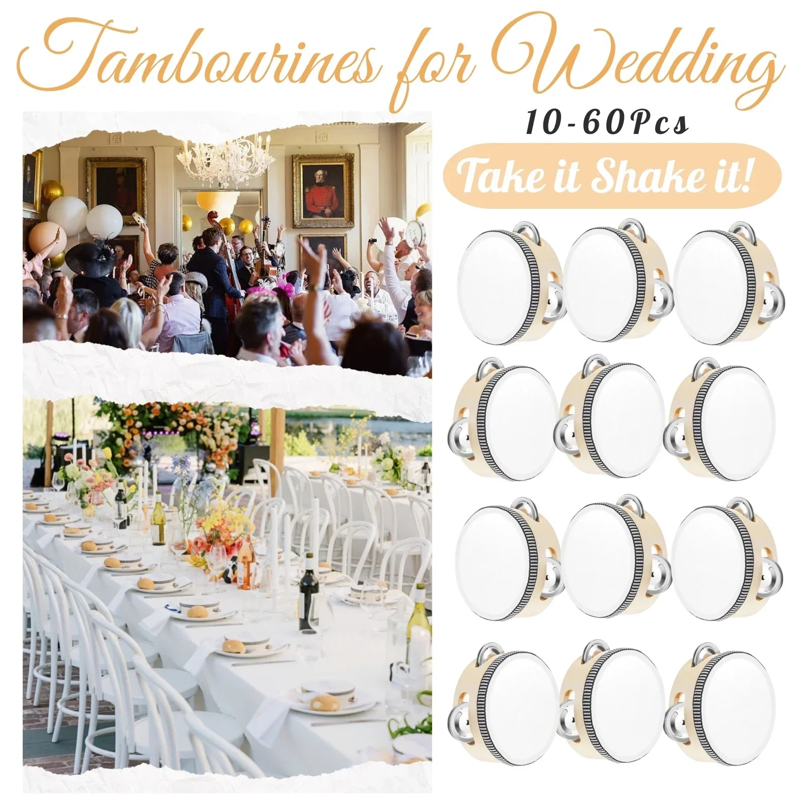Beige wedding tambourines with white drumheads and silver jingles arranged in a grid for adults hand drums use