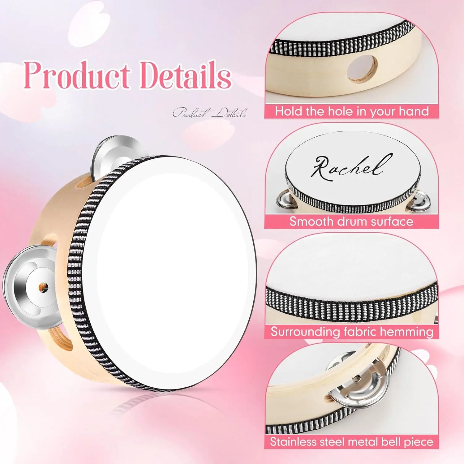 Cream-colored wedding tambourines with white drum surface black silver fabric edging and stainless steel bells for adults hand drums