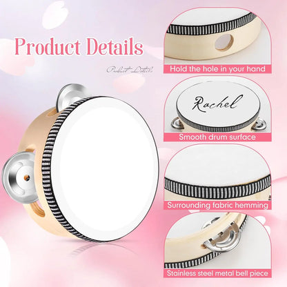 Cream-colored wedding tambourines with white drum surface black silver fabric edging and stainless steel bells for adults hand drums