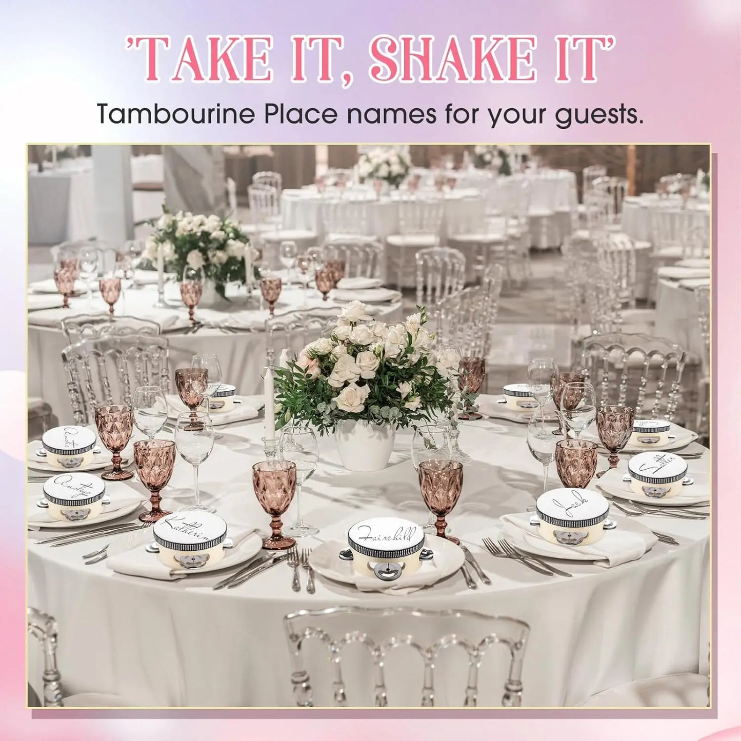 Elegant white ceramic place name cards with black cursive script and silver trim at formal table with wedding tambourines