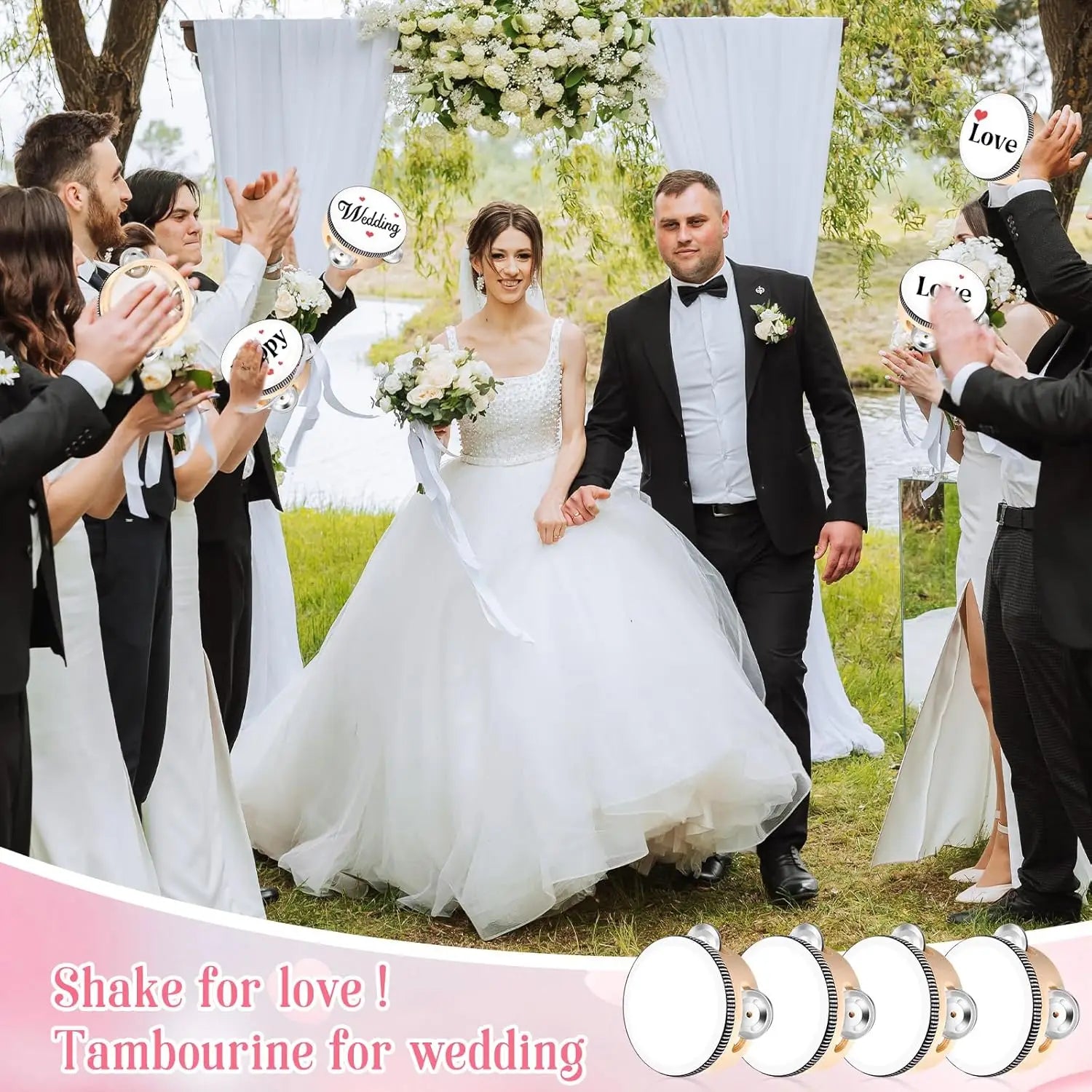 White wedding tambourine with black lettering and silver rim for adults hand drums musical instruments tambourine use