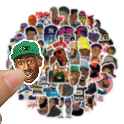 A green golf cap sticker featuring a cartoon tyler the creator from 64pcs hiphop music stickers diy travel set laptop waterproof classic