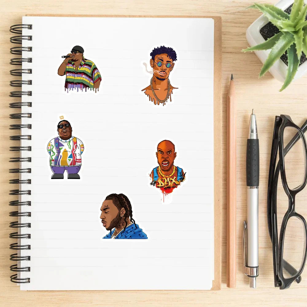 Set of five colorful cartoon-style rapper stickers with vibrant dripping designs for 64pcs hiphop music laptop waterproof classic use