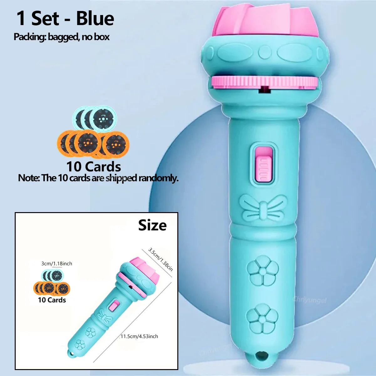 A turquoise and pink plastic cartoon projection flashlight with floral designs and side button for patterns creative children