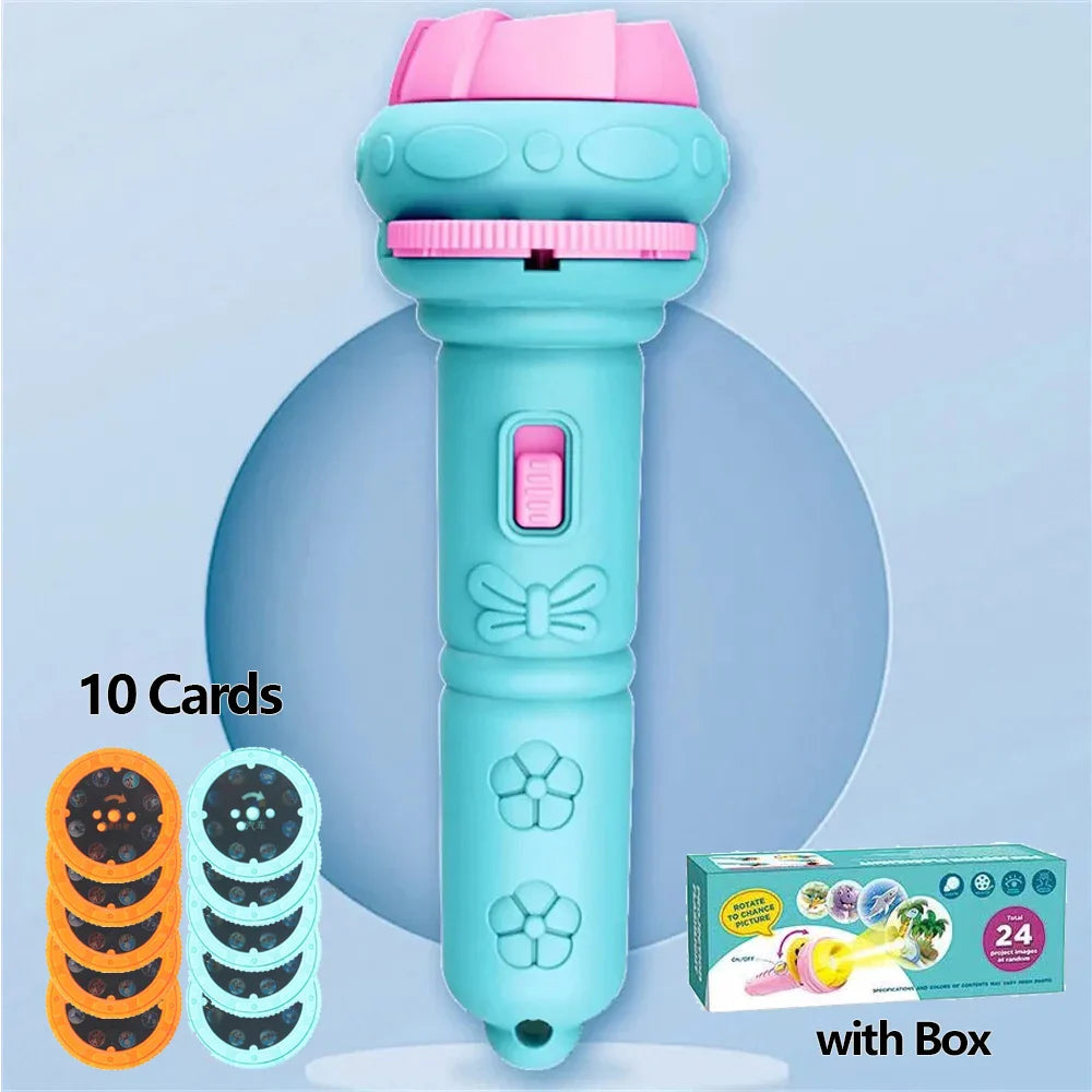 A turquoise and pink children cartoon projection flashlight with butterfly design and 10 cards for patterns creative children