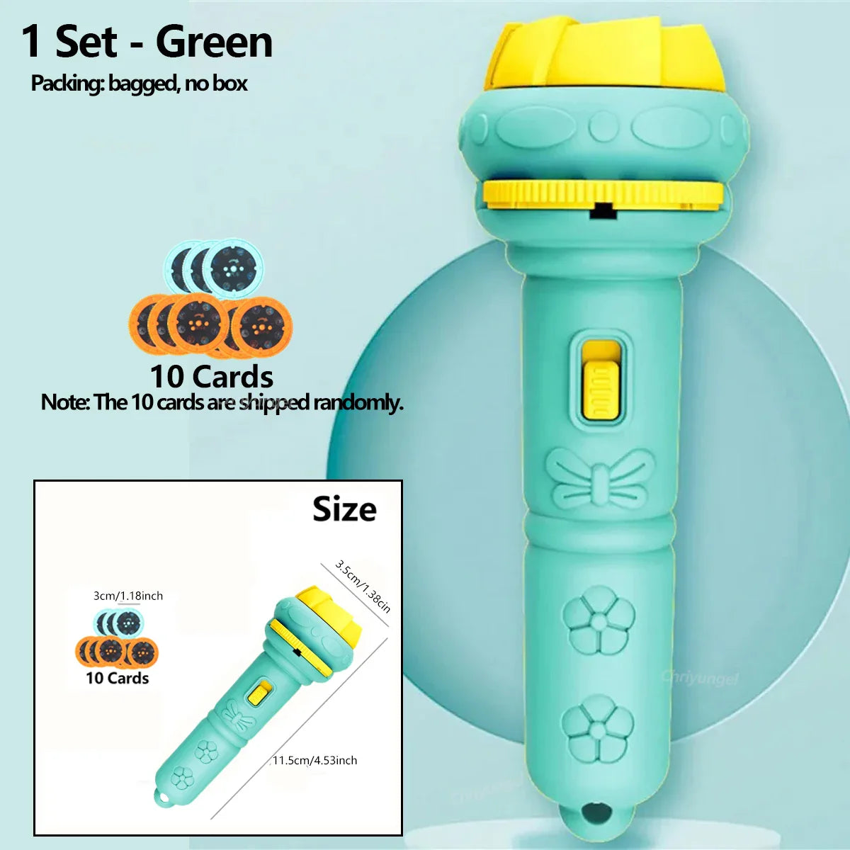 A turquoise and yellow cartoon projection flashlight toy with flower patterns handle for creative children and projector baby toys