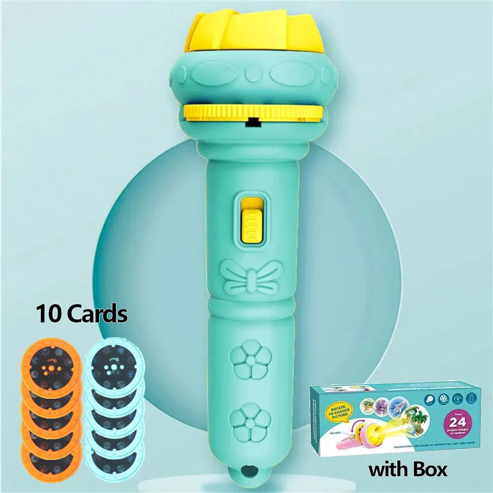 Teal and yellow plastic cartoon projection flashlight with flower embossed details for projector baby toys patterns creative children