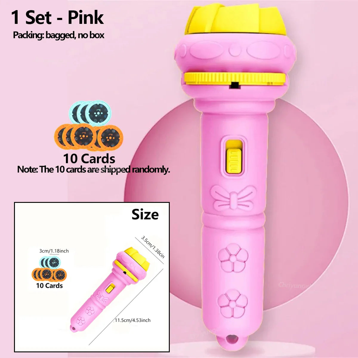 Pink plastic toy microphone with yellow accents and floral details for cartoon projection flashlight patterns creative children use