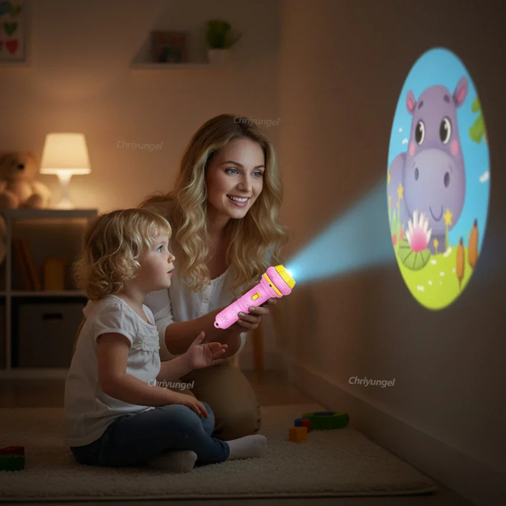 Pink cartoon projection flashlight with yellow accents projecting a hippo image for patterns creative children toy projector baby toys