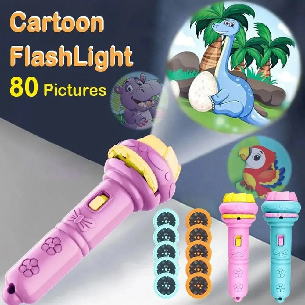 Pink cartoon projection flashlight with floral patterns and yellow top projects 80 colorful animal images for children