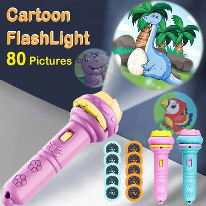 Pink cartoon projection flashlight with floral patterns and yellow top projects 80 colorful animal images for children