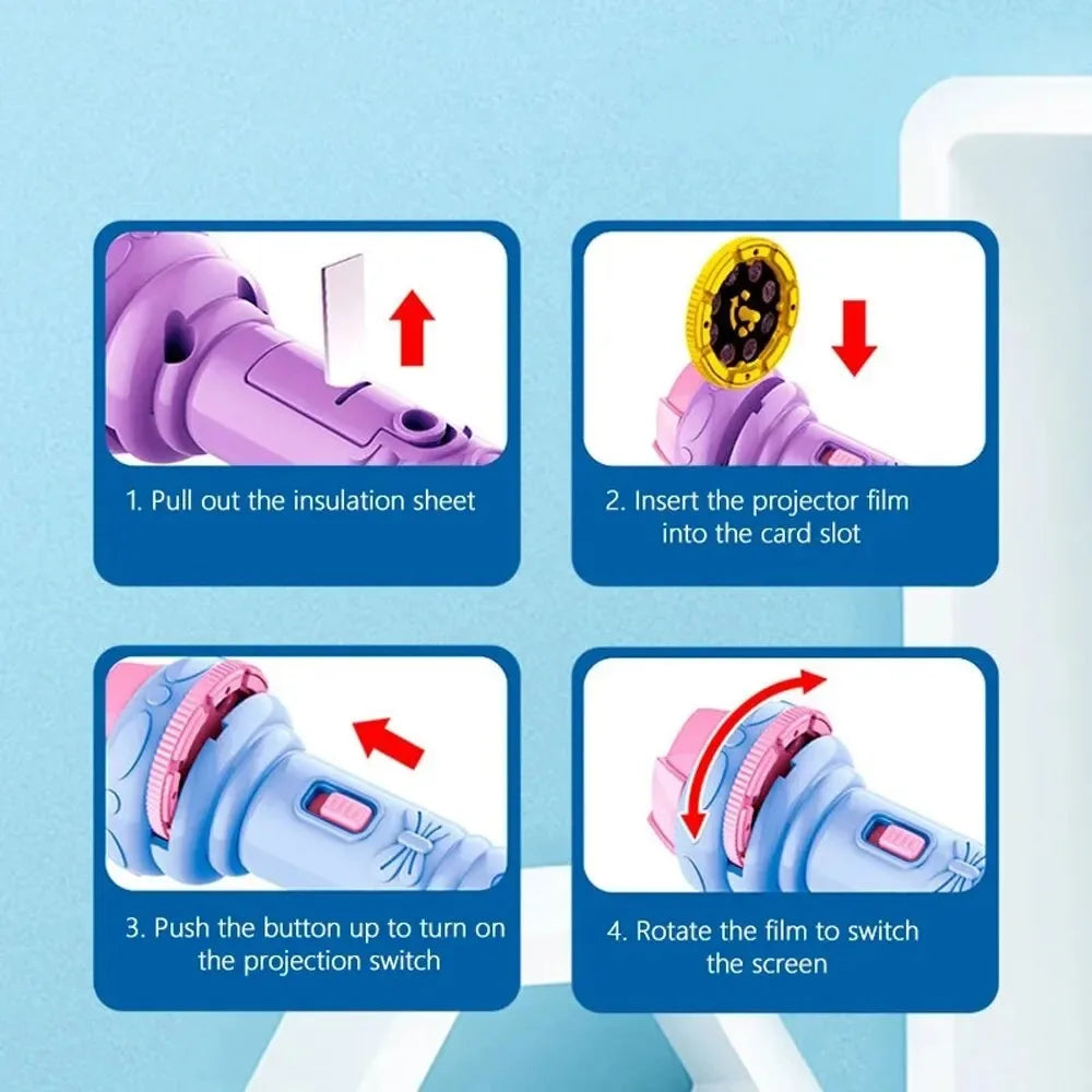 Purple and light blue cartoon projection flashlight with yellow film slot featuring 80 patterns creative children toy projector baby toys
