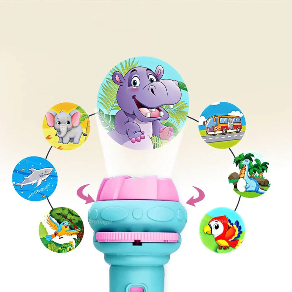 Turquoise and pink cartoon projection flashlight with purple hippo design featuring colorful patterns creative children projector baby toys