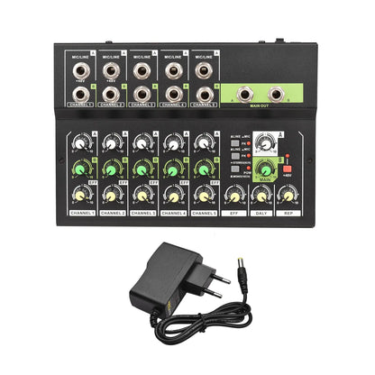 Black 5-channel digital audio mixer with green and yellow knobs featuring 48v phantom power for live recording