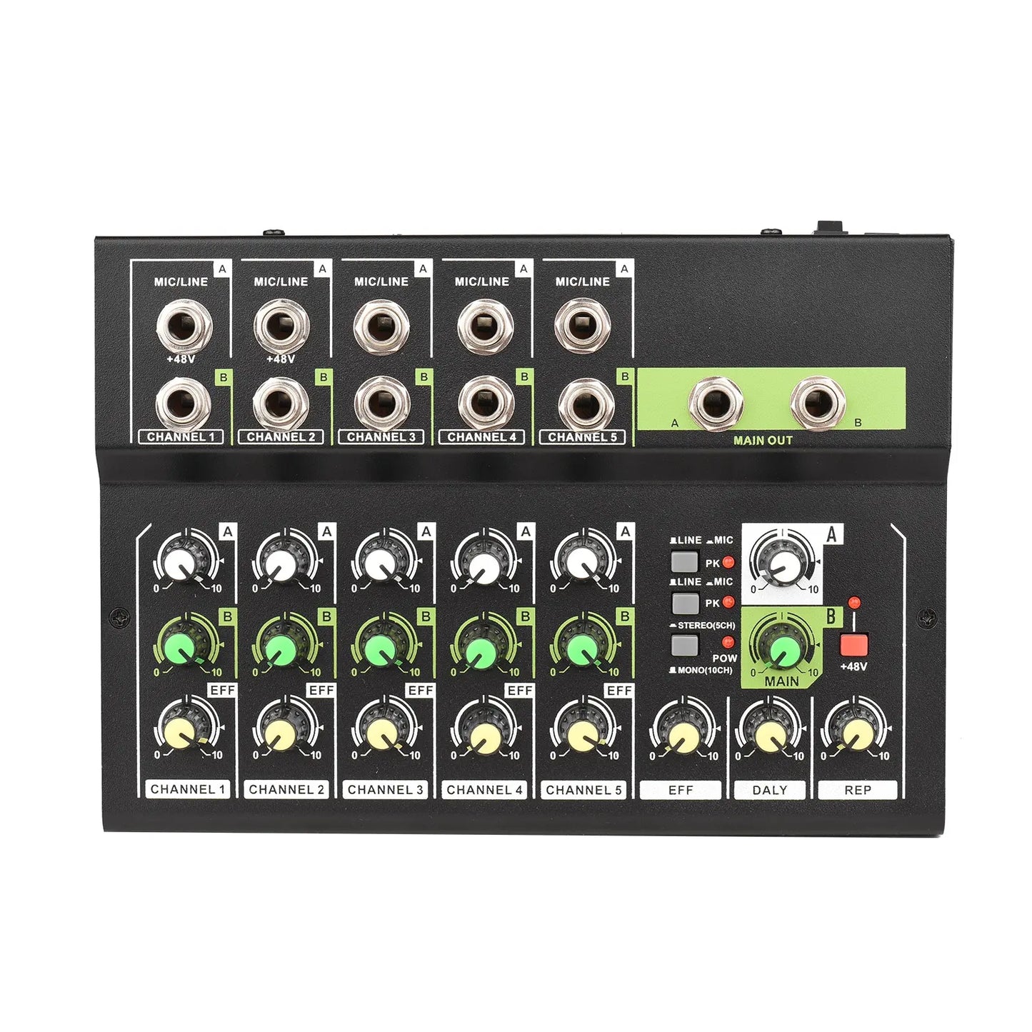 Black 10-channel digital audio mixer console with green and yellow knobs featuring 48v phantom power for recording and live use