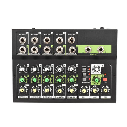 Black 10-channel digital audio mixer console with green and yellow knobs featuring 48v phantom power for recording and live use