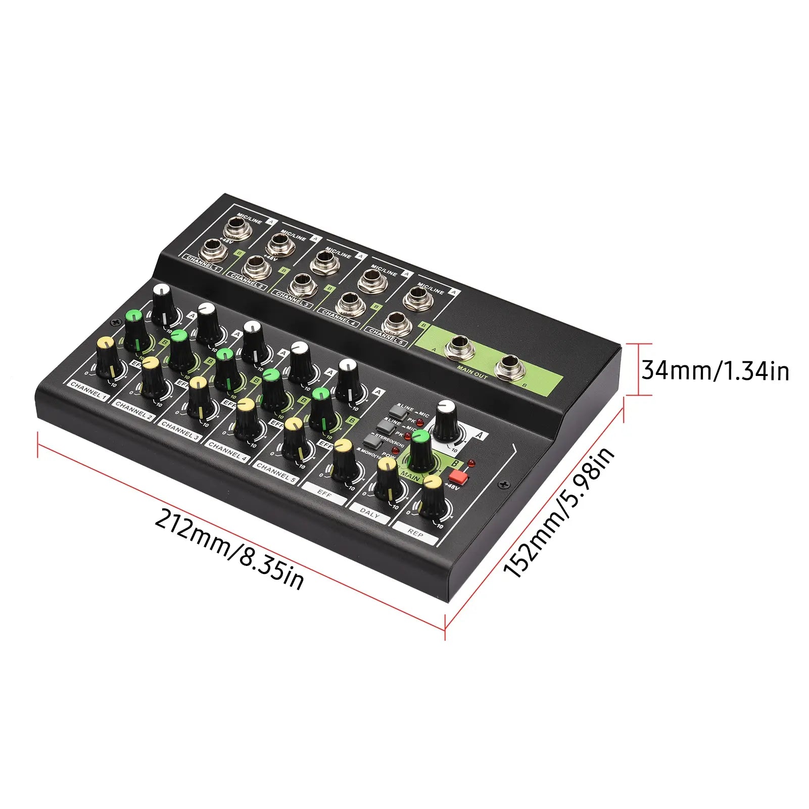 Black 10-channel mixing console digital audio mixer with green and gold knobs and 48v phantom power for recording and live use