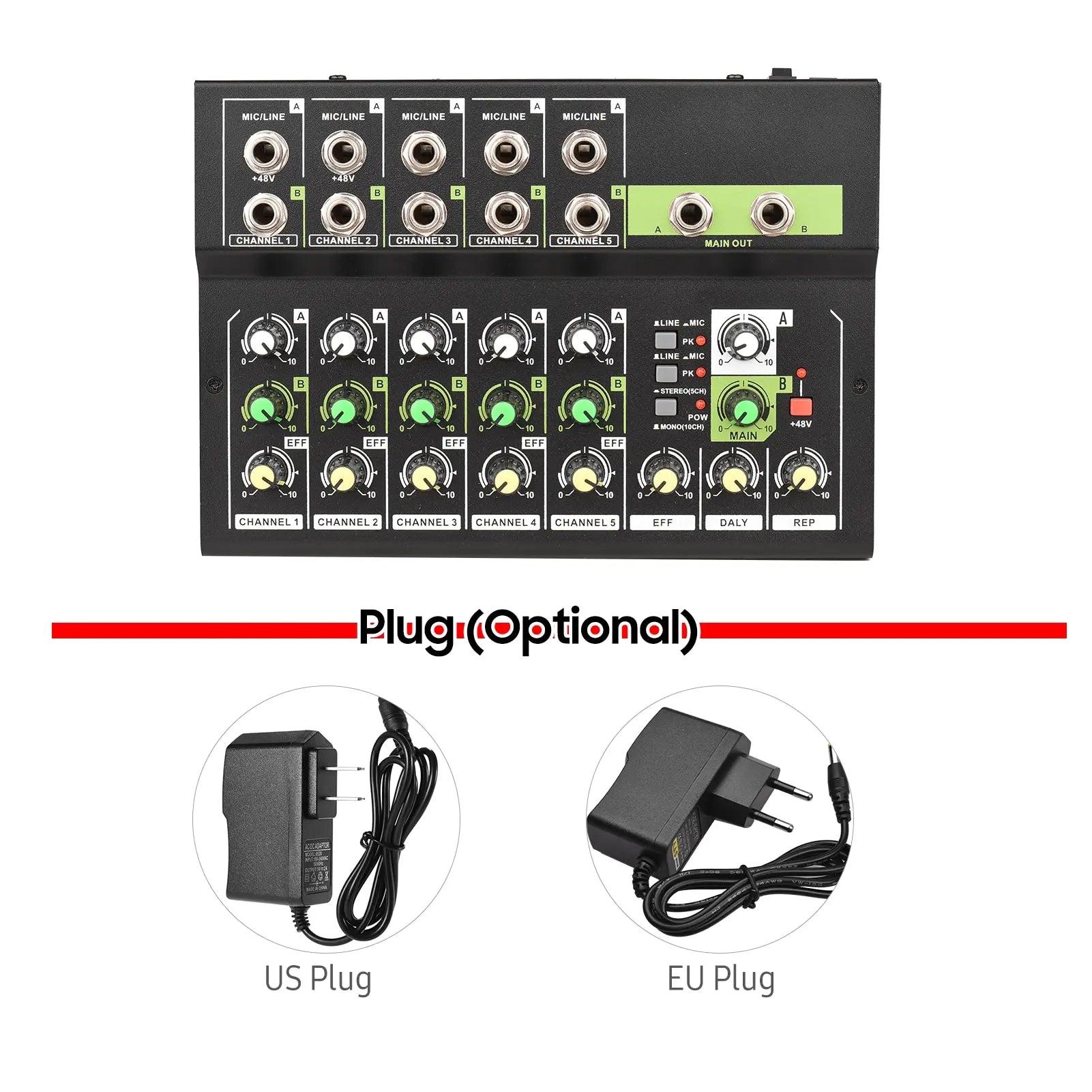 Black 10-channel mixing console digital audio mixer with green yellow knobs and 48v phantom power and optional power adapters