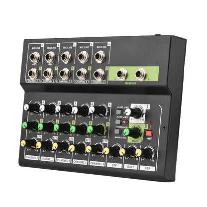Black 10-channel mixing console digital audio mixer with silver jacks green and yellow knobs and 48v phantom power