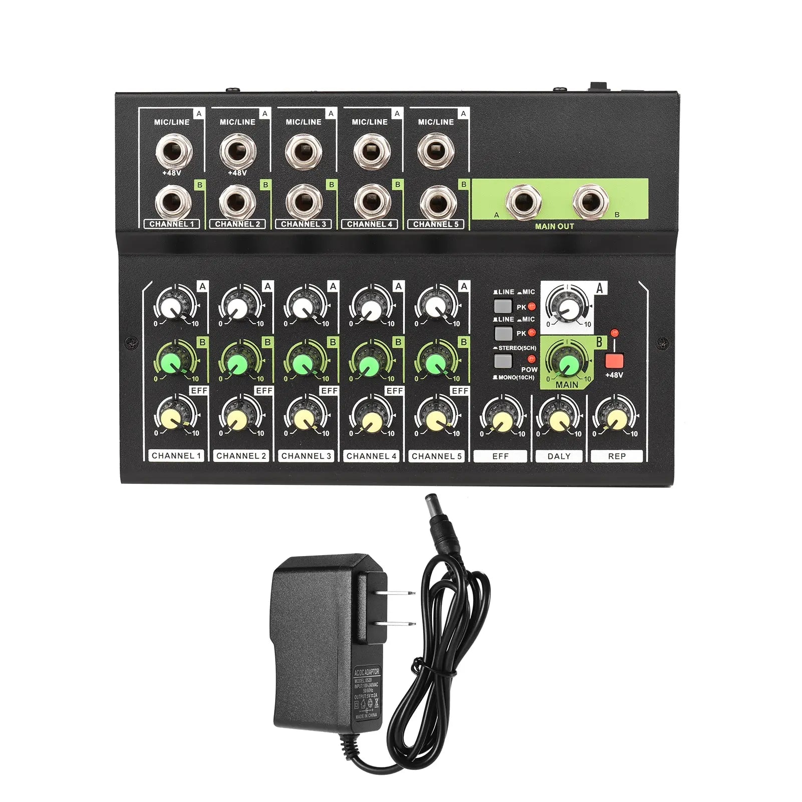 Black 10-channel mixing console digital audio mixer with green yellow knobs silver jacks and 48v phantom power adapter