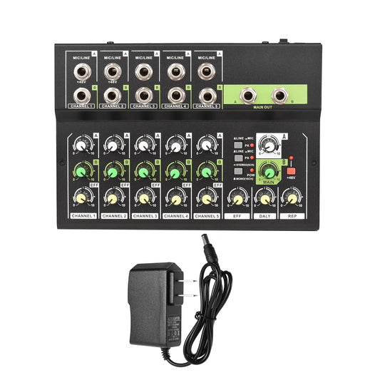 Black 10-channel mixing console digital audio mixer with green yellow knobs silver jacks and 48v phantom power adapter