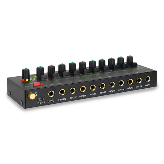 Black 10-input mixer portable ultra with gold-plated jacks and black knobs for studio recording and sound mixer usb use