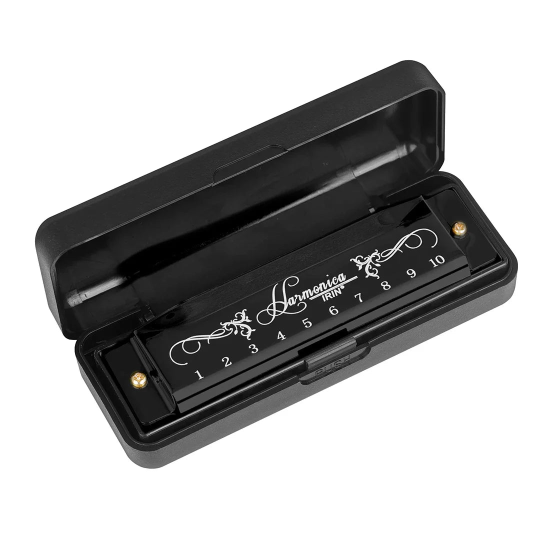 Black harmonica colorful metal shell with gold tuning pins in packing box educational toy orff for children gifts