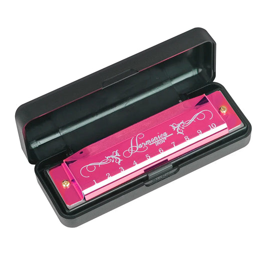 A vibrant pink harmonica colorful metal shell with silver swirls in a black packing box educational toy orff gift