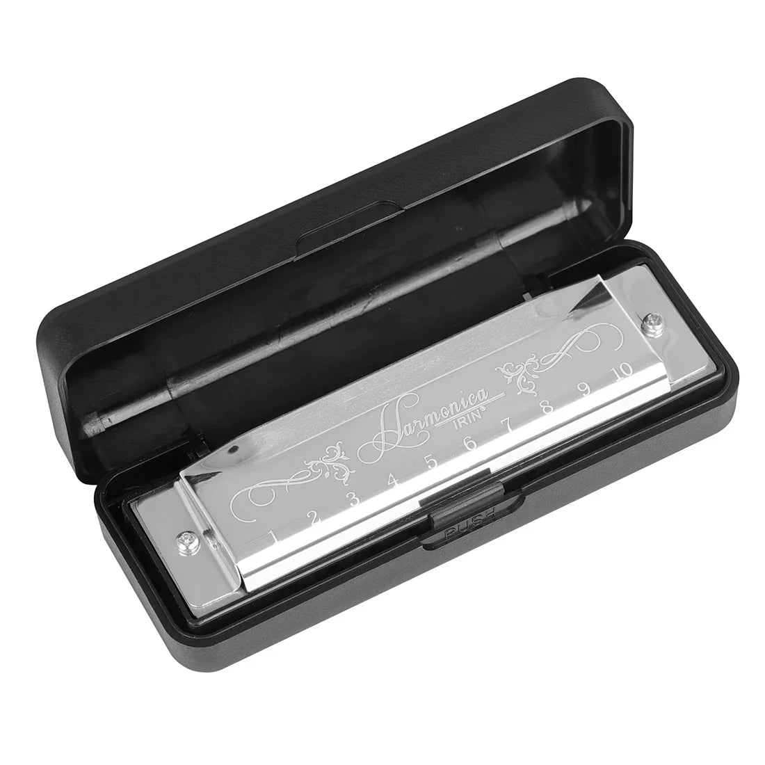 Silver harmonica with engraved floral design and number markings in black case perfect for educational toy orff uses