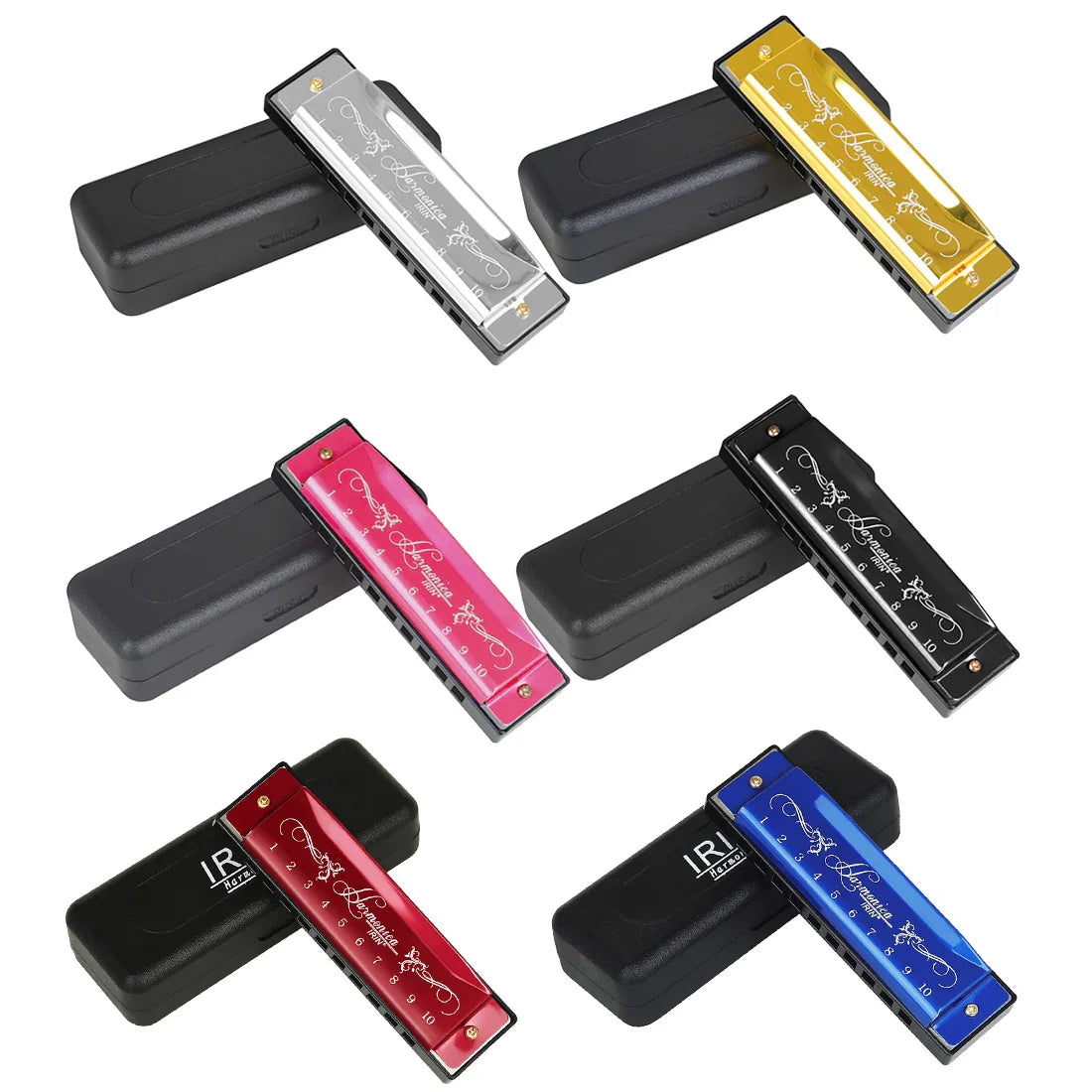 Six colorful hohner harmonicas in silver gold pink black red and blue with ornate covers in a packing box educational toy orff