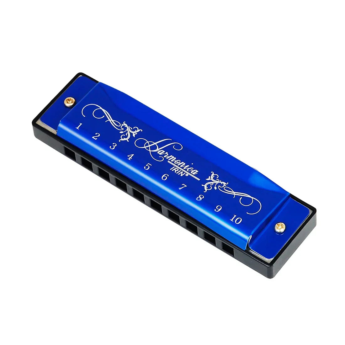 A vibrant blue harmonica colorful metal shell with 10 holes and packing box educational toy orff for beginners
