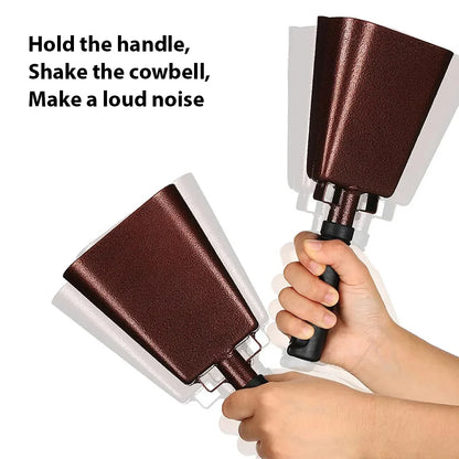 Brown metallic 10 inch cowbell noise maker percussion musical instrument iron decoration with black handle for sports use