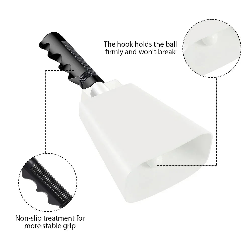 White plastic 10 inch cowbell noise maker with black textured grip handle for percussion musical instrument iron decorations