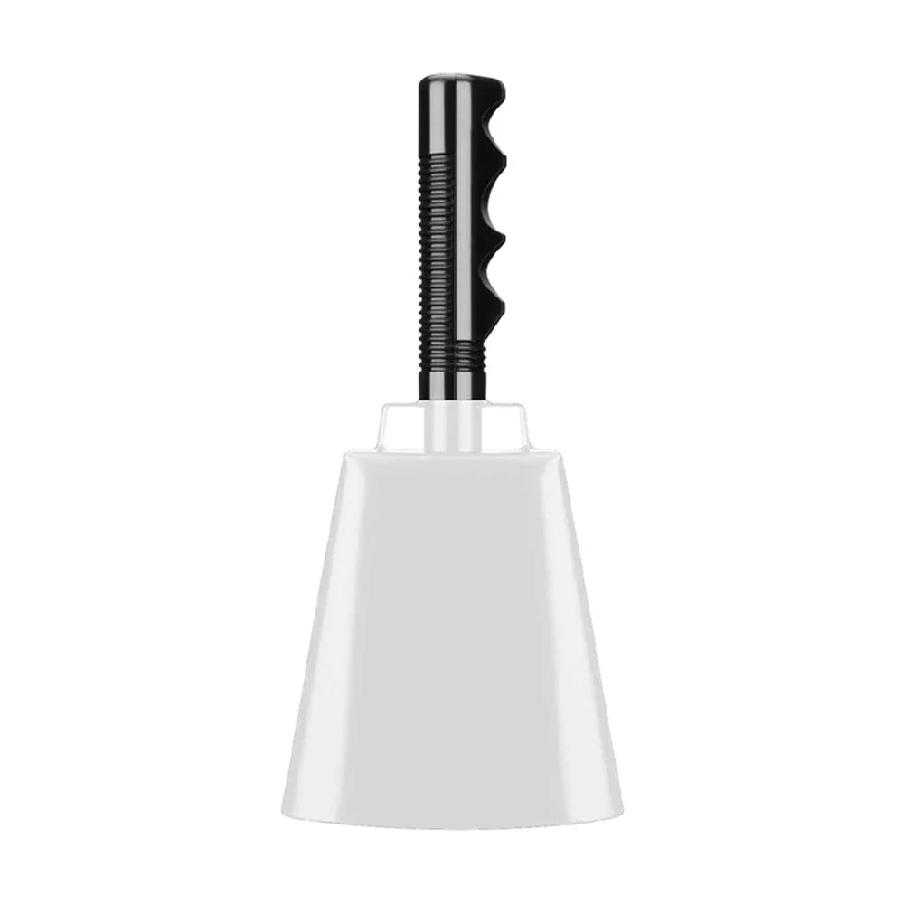 White 10 inch cowbell noise maker percussion musical instrument with black textured iron handle for sports and games
