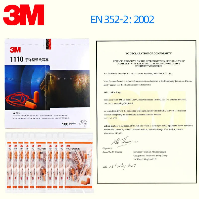 Orange 3m 1110 foam earplugs in individual foil wrappers designed for super noise reduction and industrial use
