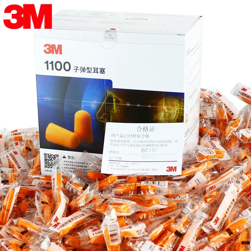 Orange 3m 1100 bullet-shaped earplugs in plastic wrappers designed for noise reduction in sleep learning and industrial use