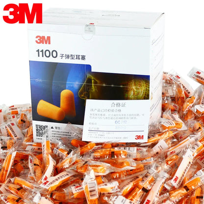 Orange 3m 1100 bullet-shaped earplugs in plastic wrappers designed for noise reduction in sleep learning and industrial use
