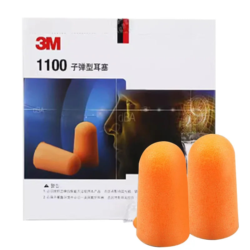 Orange foam 3m earplugs in front of branded package designed for noise reduction and industrial protective use