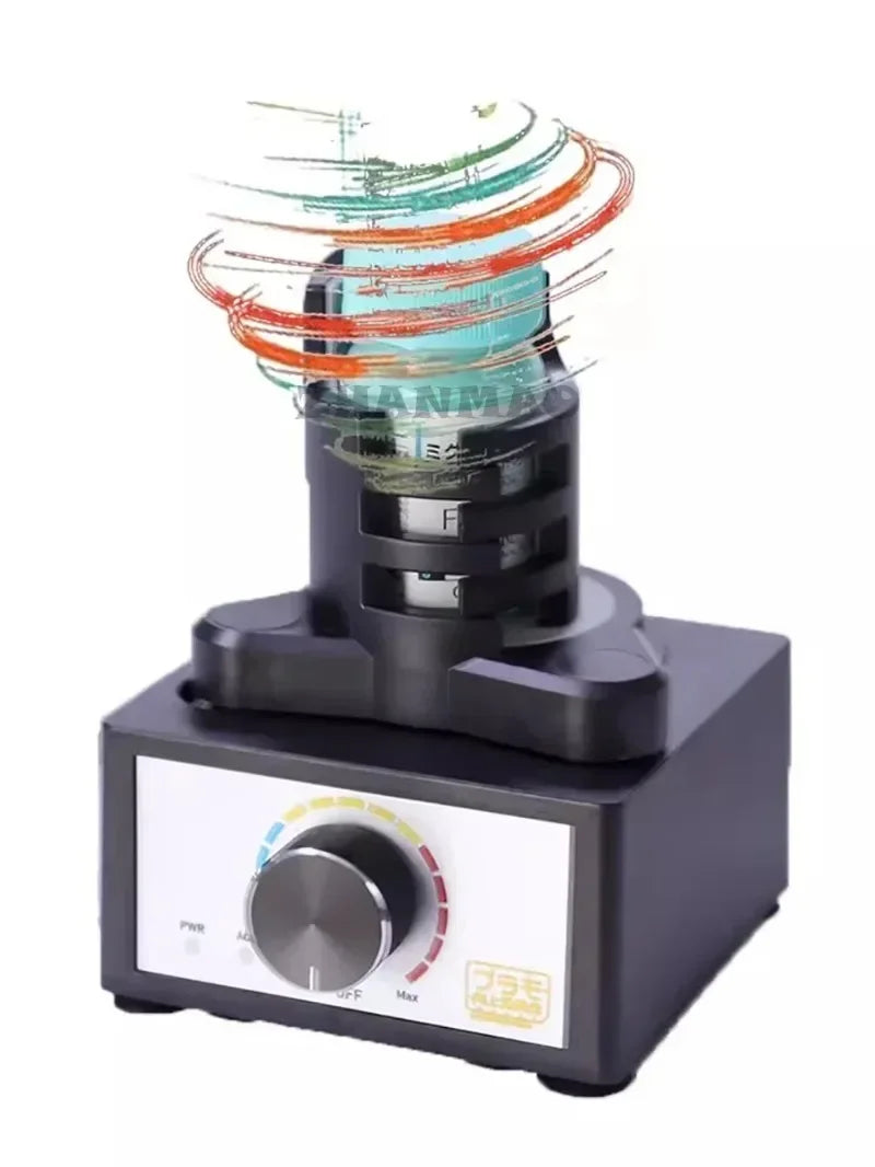 Black laboratory-grade eddy current mixer with transparent glass container and colorful swirling motion, adjustable speed mini for hobby model making
