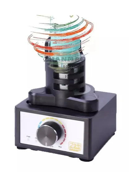 Black laboratory-grade eddy current mixer with transparent glass container and colorful swirling motion, adjustable speed mini for hobby model making
