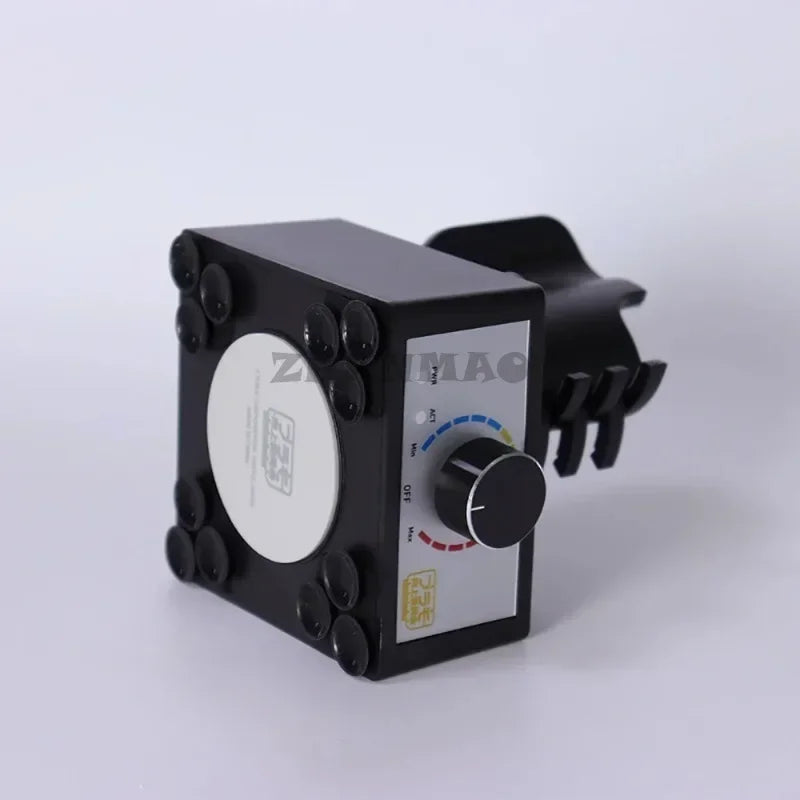 Black rectangular magnetic control unit with circular dial and suction cups for adjustable speed mini eddy current mixer hobby model making