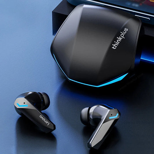 Black lenovo gm2 pro tws wireless earphones with low latency stereo sport design and blue led accents on charging case